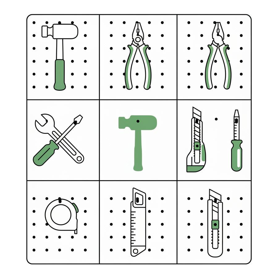 Line illustration: a pegboard of hanging tools with one silhouette empty and a hand holding the missing tool out towards it