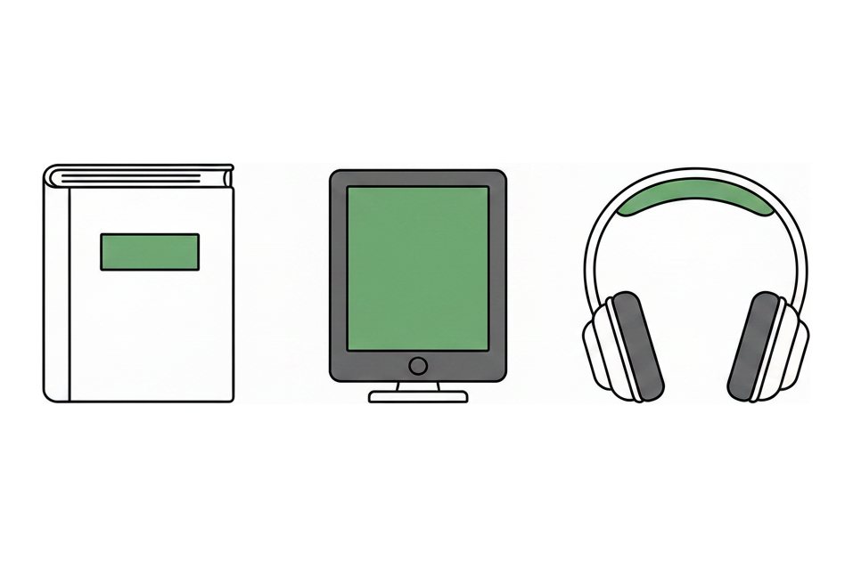 Line illustration: a paperback, an e-reader and a pair of headphones standing in a row