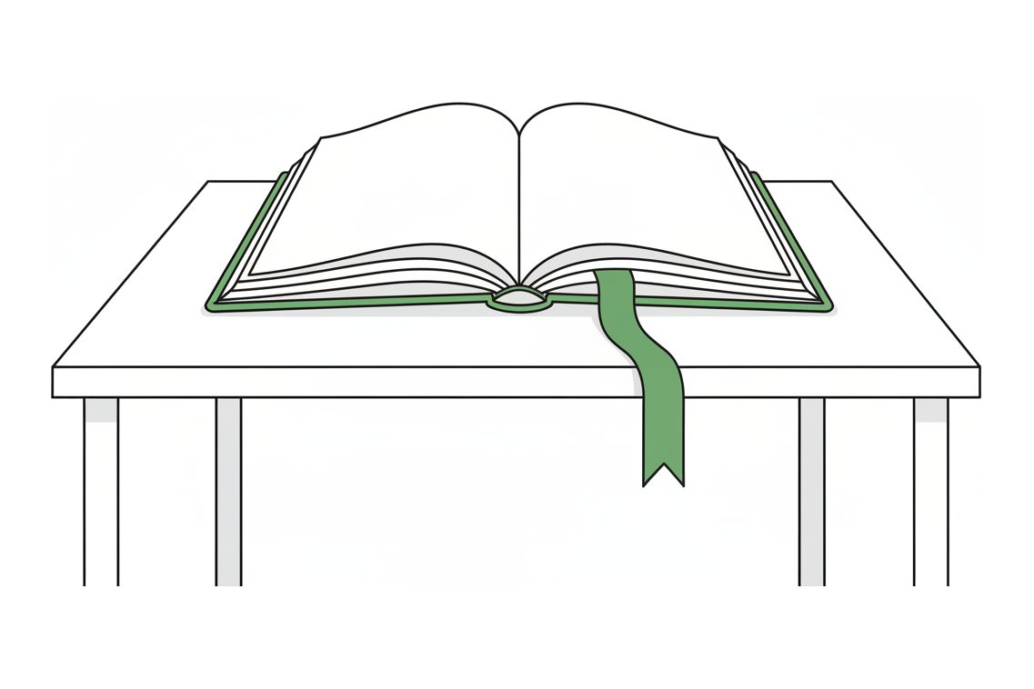 Line illustration: a paperback opened flat with a long ribbon marker running off the table