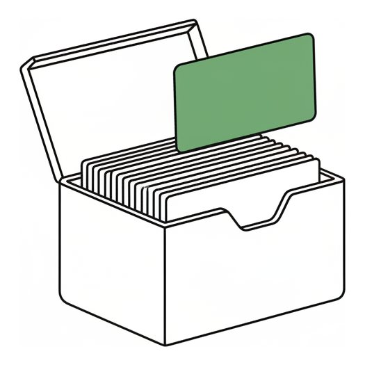 Line illustration: a card-index box with one card lifted clear of the block
