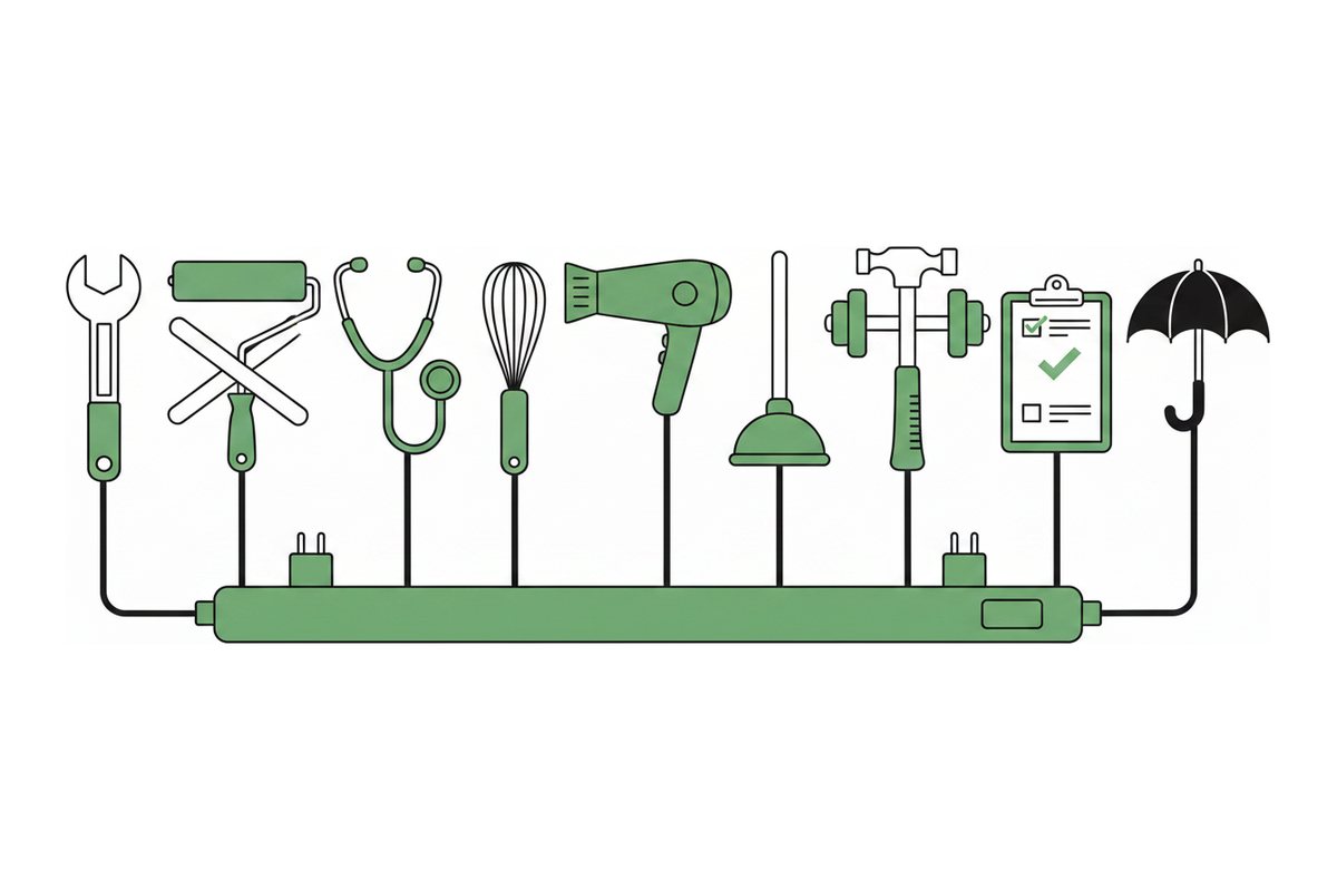 Line illustration: twenty-five different hand tools standing in a row, each with a cable running down into one shared power strip