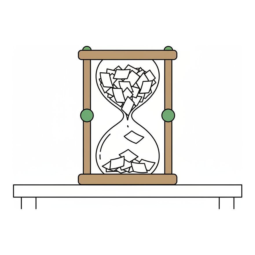 Line illustration: an hourglass filled with folded sheets of paper instead of sand