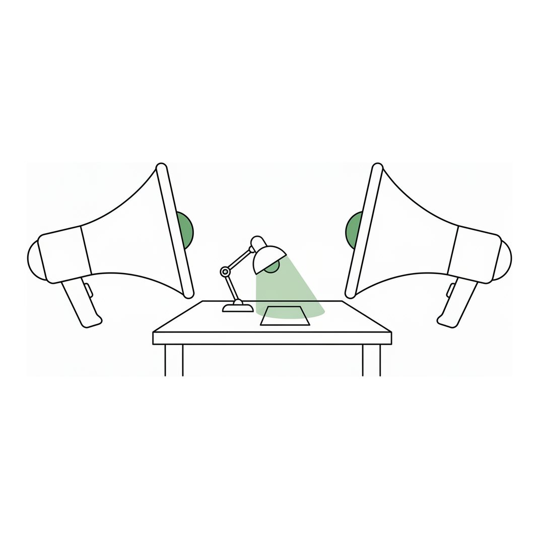Line illustration: two enormous megaphones shouting at each other across a small desk lamp lighting a single sheet of paper