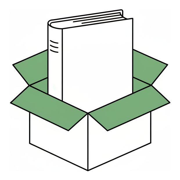 Line illustration: a single paperback standing in an open postal box exactly its own size