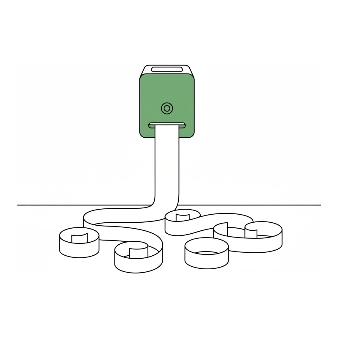 Line illustration: a queue-ticket dispenser with an endless ribbon of blank tickets coiling on the floor