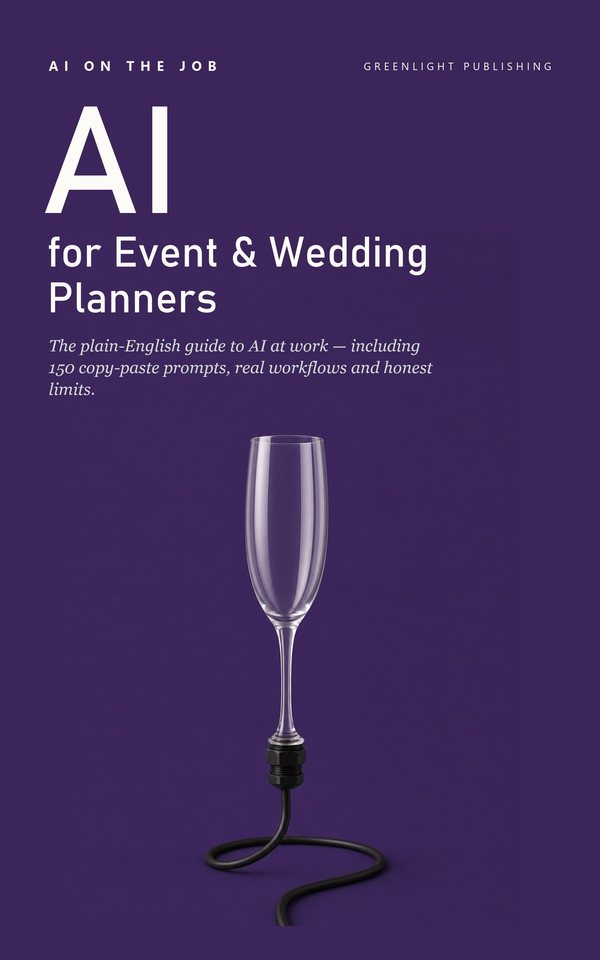 Cover of AI for Event & Wedding Planners: a tall champagne flute with its bowl at the top and its stem running down