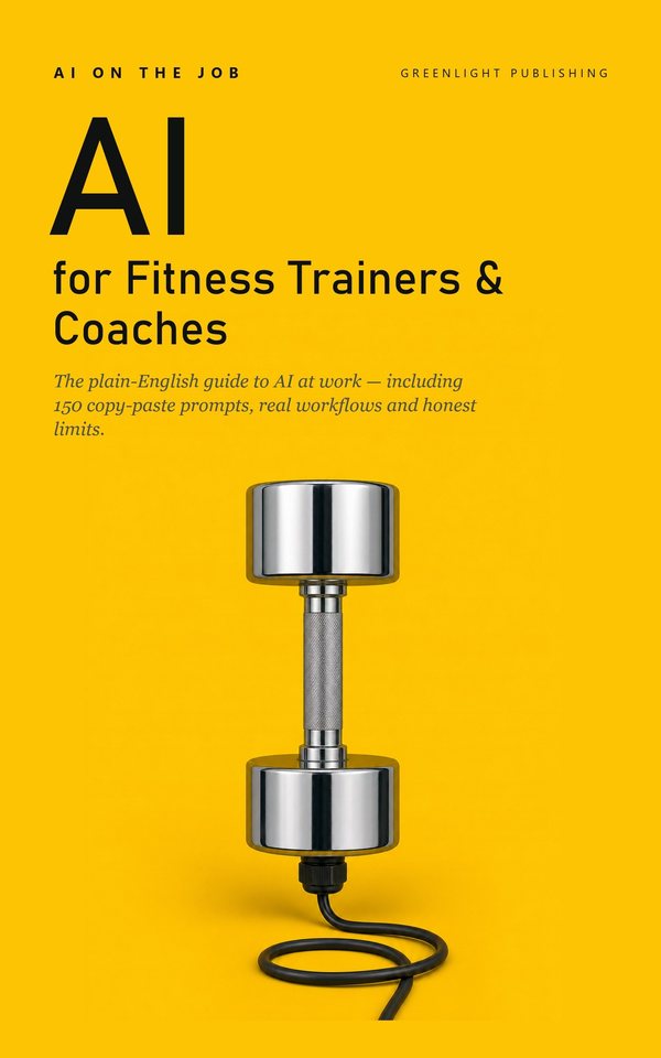 Cover of AI for Fitness Trainers & Coaches: a chrome dumbbell standing upright on one of its weights