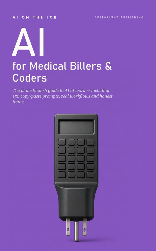 Cover of AI for Medical Billers & Coders: a slim black pocket calculator with blank unmarked keys
