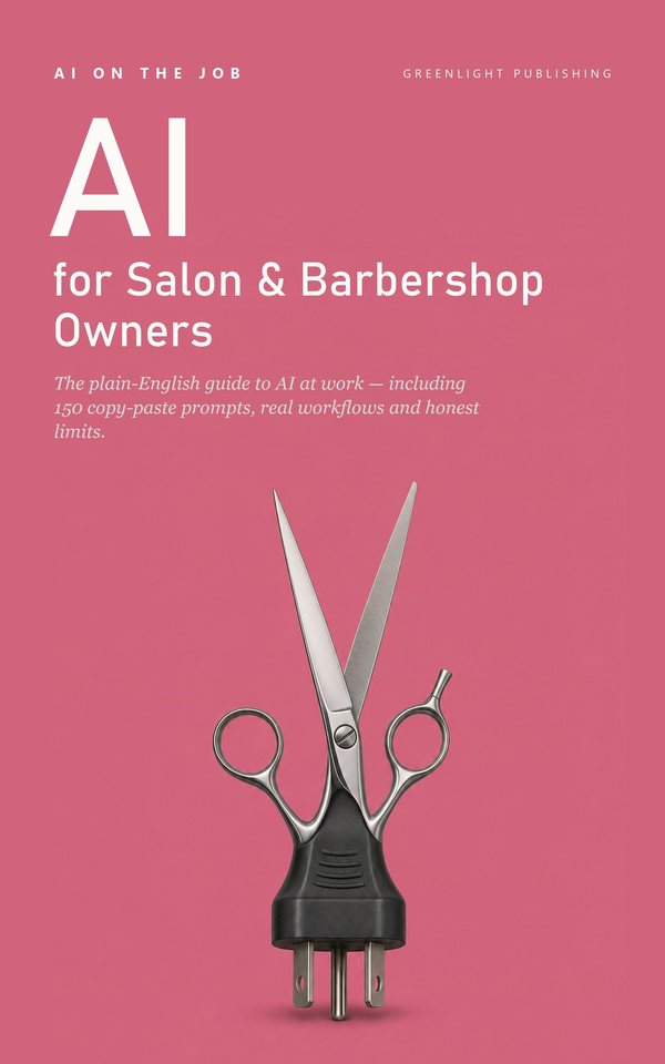 Cover of AI for Salon & Barbershop Owners: a pair of slim polished hairdressing scissors with the blades open