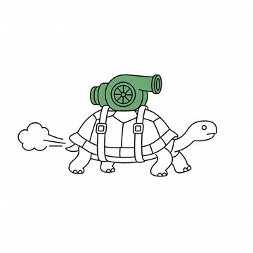 Line illustration: a tortoise walking along with a turbocharger strapped to its shell