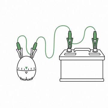 Line illustration: a kitchen egg timer connected to a car battery by a pair of jump leads