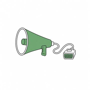 Line illustration: a megaphone plugged into a car's diagnostic port connector