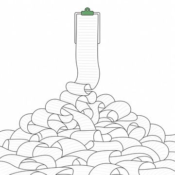 Line illustration: a clipboard from which an enormously long estimate unrolls into a heap on the floor