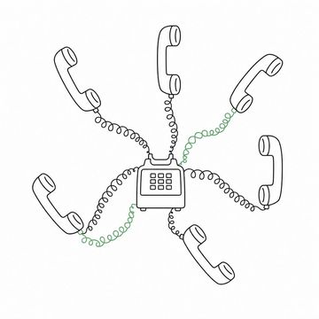 Line illustration: one telephone base that has sprouted six handsets on tangled cords