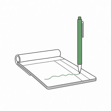 Line illustration: a pen standing upright with no hand holding it, writing on an invoice pad by itself
