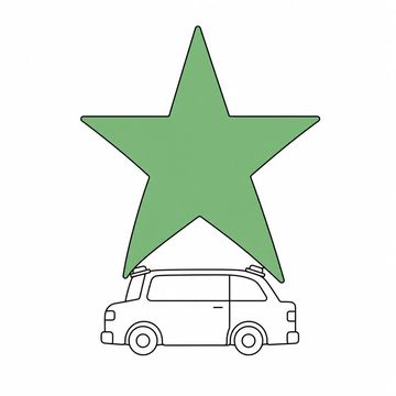 Line illustration: one oversized star resting on the roof of a small car, its suspension compressed