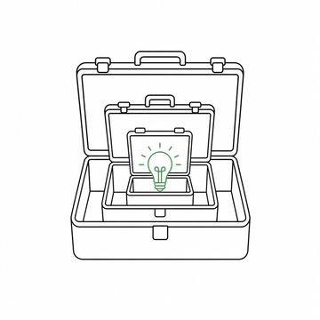 Line illustration: an open toolbox containing a smaller toolbox, with a lightbulb inside that