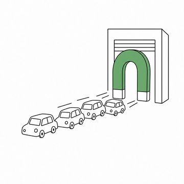 Line illustration: a large magnet at a garage door drawing a queue of small cars toward it