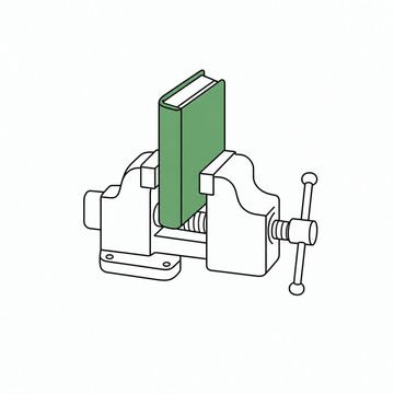 Line illustration: a rulebook clamped tight in the jaws of a bench vice