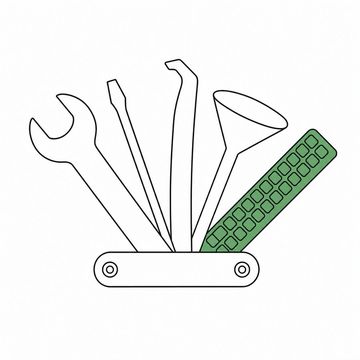 Line illustration: a multi-tool fanned open, its blades all garage tools except one small keyboard