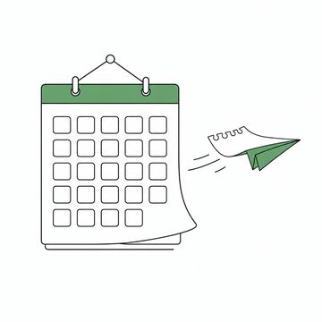 Line illustration: a calendar page torn off and folded into a paper aeroplane, flying away