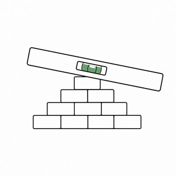 Line illustration: a builder's spirit level resting at a steep tilt across a stack of bricks with its outsized bubble vial reading dead centre all the same, the level's body plain with no numbers, scales, graduations or lettering anywhere, the bubble vial the accent colour