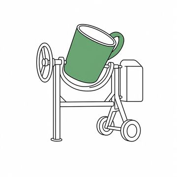 Line illustration: a full-size petrol cement mixer standing on its wheeled frame with an ordinary enamel tea mug fitted where the mixing drum should be, tipped at the same angle on the same yoke, every surface plain with no lettering, numbers or maker's marks anywhere, the mug the accent colour