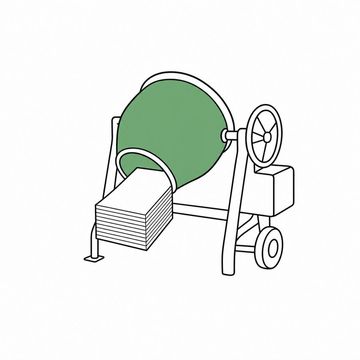 Line illustration: a portable cement mixer tipped forward and delivering, instead of concrete, a neatly squared stack of plain paper sheets, every sheet blank and the mixer unmarked, no lettering or numerals anywhere, the mixer drum the accent colour