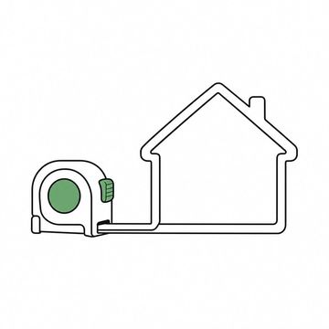 Line illustration: a tape measure resting on the floor with its blade extended and bent into the outline of a small house, the blade completely smooth with no graduations, numerals or lettering on it or anywhere else in the frame, the tape measure case the accent colour