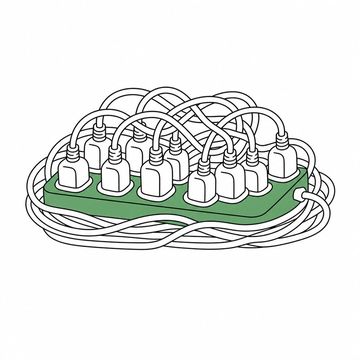 Line illustration: a single site extension-cord socket block on the floor with a dozen heavy plugs crammed into it and their cords coiled around it in one neat heap, all of it unmarked with no lettering or numerals anywhere, the socket block the accent colour
