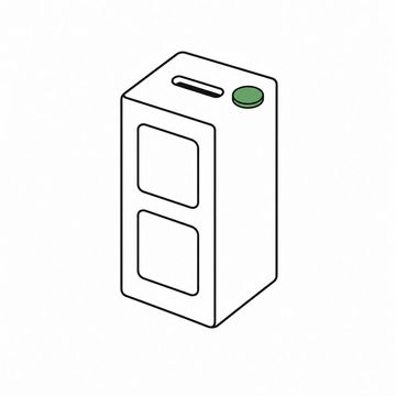 Line illustration: an ordinary concrete block standing on end with a piggy-bank coin slot cut into its top face and one plain coin resting beside the slot, the coin and the block blank with no numerals, lettering or markings of any kind, the coin the accent colour