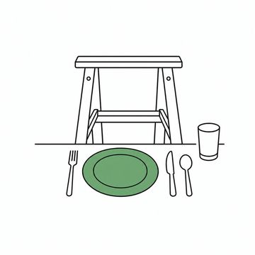 Line illustration: a wooden sawhorse pulled up to a small dining table as though it were a guest, a full place setting of plate, cutlery and glass laid in front of it, nothing lettered or marked anywhere in the frame, the plate the accent colour