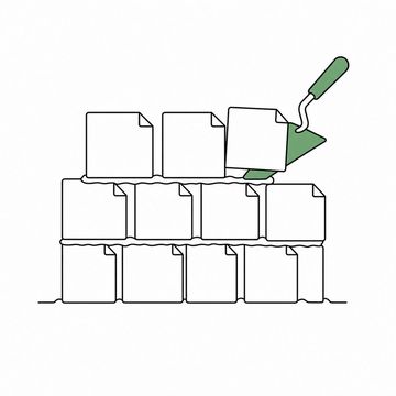 Line illustration: a bricklayer's trowel laying plain paper sheets into a half-built wall as though they were courses of brick, every sheet entirely blank and unmarked with no lettering or numerals anywhere, the trowel the accent colour