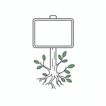 Line illustration: a blank-faced board on a wooden stake whose stake has taken root and sprouted leafy branches, the board's face completely empty with no lettering, numerals, emblem or marking of any kind on it, the leaves the accent colour