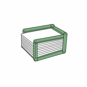 Line illustration: a folding carpenter's rule hinged shut into a rigid closed cage around a small stack of plain documents, the rule smooth and the documents blank with no graduations, numerals or lettering anywhere, the folding rule the accent colour