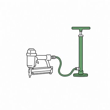 Line illustration: a nail gun standing on its base with its air hose running not to a compressor but to a tall upright bicycle floor pump, the gun, hose and pump bare of any lettering, numerals or maker's marks, the bicycle pump the accent colour