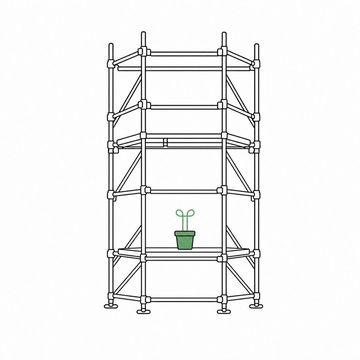 Line illustration: a full scaffold tower with boards and diagonal braces erected around one small potted seedling, every tube, board and fitting unmarked with no tags, lettering or numerals anywhere, the seedling the accent colour