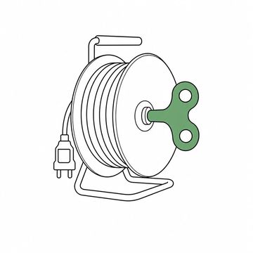 Line illustration: an ordinary extension-cord reel wound tight, with an oversized clockwork wind-up key fitted into its hub and turned as far as it will go, every surface of the reel blank with no lettering or numbers anywhere, the wind-up key the accent colour