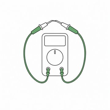 Line illustration: a handheld multimeter lying face up on a bare bench, its two probe leads curved round so the tips clip onto one another in a closed loop, the meter's dial and display completely blank with no numbers, symbols or lettering of any kind, the probe leads the accent colour