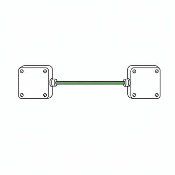 Line illustration: two plain metal junction boxes joined mouth to mouth by one taut length of cable in the manner of a tin-can telephone, both boxes bare with no lettering or numbers stamped on them, the cable running between them the accent colour