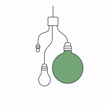Line illustration: three bare bulbs hanging together from a single pendant lampholder in wildly mismatched sizes, one the size of a pea, one ordinary, one the size of a beach ball, their glass and bases entirely blank with no lettering or numbers, the largest bulb the accent colour