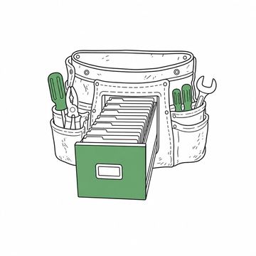 Line illustration: a battered leather electrician's tool pouch with a full-size office filing-cabinet drawer pulled out of one of its pockets, the drawer standing full of upright blank folders bearing no lettering or numbers, the drawer front the accent colour