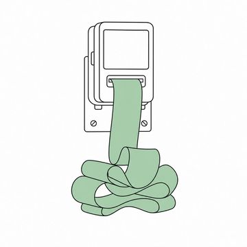 Line illustration: a domestic electricity meter on a wall bracket with a long till roll of blank paper feeding out from underneath it and curling into a loose heap below, the meter's dial faces and the paper both completely blank with no numbers or lettering, the curling paper roll the accent colour