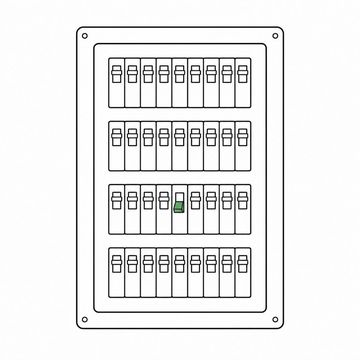 Line illustration: a breaker panel with its cover removed showing four neat rows of identical breakers all switched the same way except one sitting halfway in the tripped position, every breaker face and the panel interior blank with no lettering or numbers, the single tripped breaker the accent colour