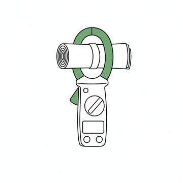 Line illustration: a clamp meter with its jaws closed around a tightly rolled bundle of blank paper notes instead of a cable, the meter's display dark and empty and the paper bare of any lettering or numbers, the clamp jaws the accent colour