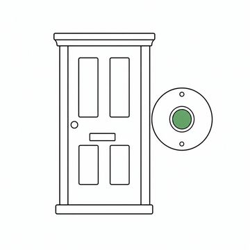 Line illustration: an ordinary house front door with a doorbell push beside it the size of a dustbin lid, its mounting plate plain and bare with no lettering or numbers on it, the doorbell button the accent colour