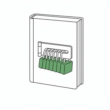 Line illustration: a thick hardback code book clamped shut by a lockout hasp fitted through it with six padlocks hanging off the hasp, the cover and spine entirely blank with no lettering, numbers or markings, the padlocks the accent colour