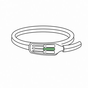 Line illustration: a coil of twin-and-earth electrical cable with its outer sheath peeled open along one stretch to reveal three small screwdrivers lying inside where the copper conductors should be, nothing lettered or numbered anywhere on the sheath or the handles, one screwdriver handle the accent colour