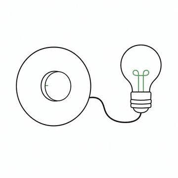 Line illustration: a wall dimmer switch plate the size of a dinner plate mounted alone with its rotary knob turned only a hair off its stop and a single bare filament bulb wired straight into it burning at the faintest glow, the plate and knob completely blank with no lettering, numerals or scale marks anywhere, the bulb filament the accent colour