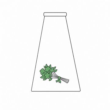Line illustration: a white bridal aisle runner already unrolled in one long straight strip that narrows away into the distance, a single tied bouquet lying ready at the near end, nothing printed, lettered or numbered anywhere on the runner, the bouquet the accent colour